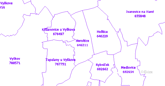Katastrální mapa Heroltice - přehledová mapa katastrálního území