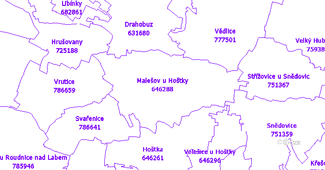 Katastrální mapa Malešov u Hoštky - přehledová mapa katastrálního území