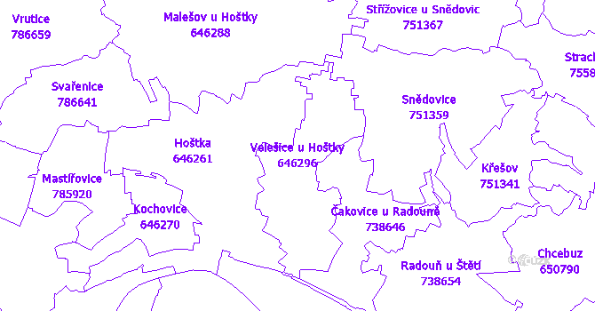 Katastrální mapa Velešice u Hoštky - přehledová mapa katastrálního území