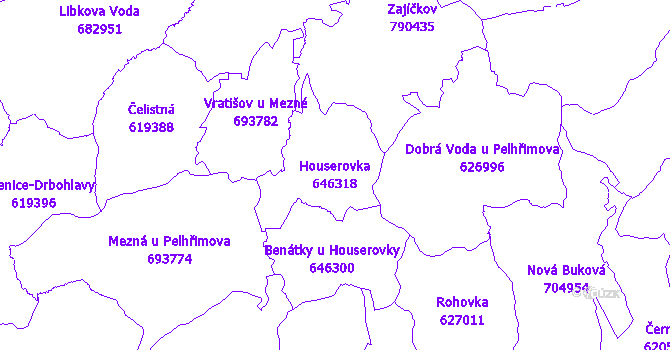 Katastrální mapa Houserovka - přehledová mapa katastrálního území