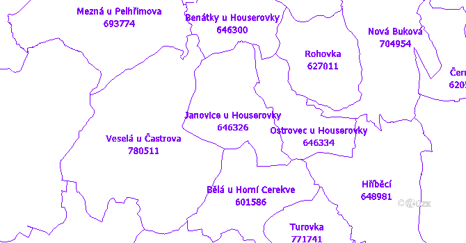 Katastrální mapa Janovice u Houserovky - přehledová mapa katastrálního území