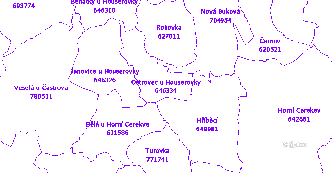 Katastrální mapa Ostrovec u Houserovky - přehledová mapa katastrálního území