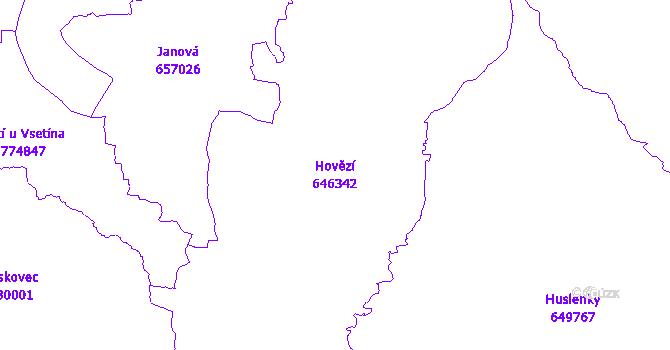Katastrální mapa Hovězí - přehledová mapa katastrálního území