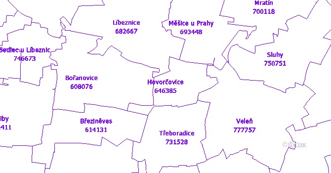 Katastrální mapa Hovorčovice - přehledová mapa katastrálního území