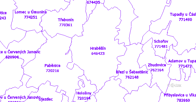Katastrální mapa Hraběšín - přehledová mapa katastrálního území
