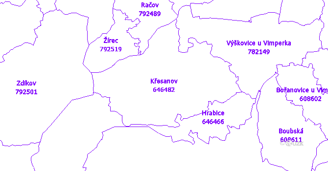 Katastrální mapa Křesanov - přehledová mapa katastrálního území