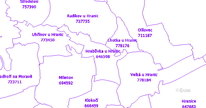 Katastrální mapa Hrabůvka u Hranic - přehledová mapa katastrálního území