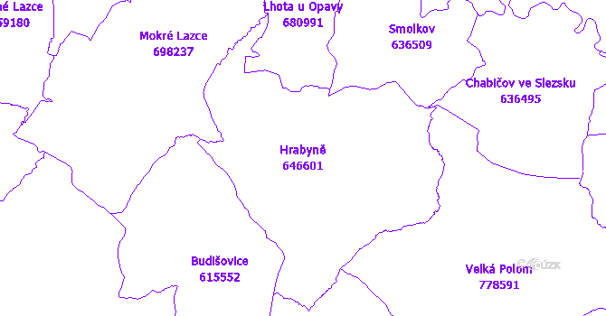 Katastrální mapa Hrabyně - přehledová mapa katastrálního území