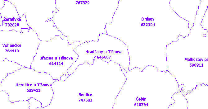 Katastrální mapa Hradčany u Tišnova - přehledová mapa katastrálního území