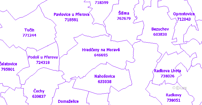 Katastrální mapa Hradčany na Moravě - přehledová mapa katastrálního území