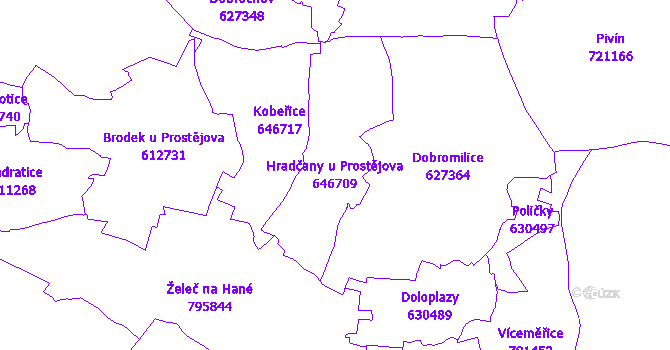 Katastrální mapa Hradčany u Prostějova - přehledová mapa katastrálního území