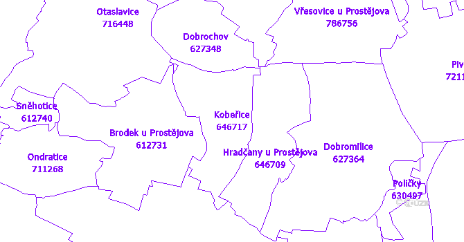 Katastrální mapa Kobeřice - přehledová mapa katastrálního území