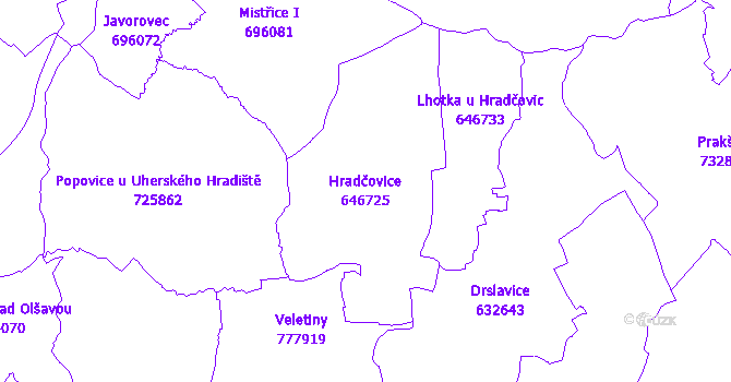 Katastrální mapa Hradčovice - přehledová mapa katastrálního území
