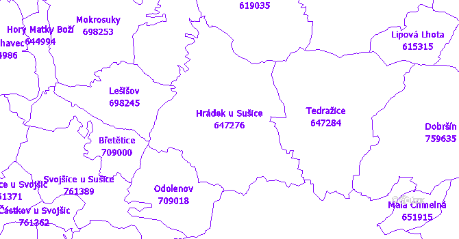 Katastrální mapa Hrádek u Sušice - přehledová mapa katastrálního území