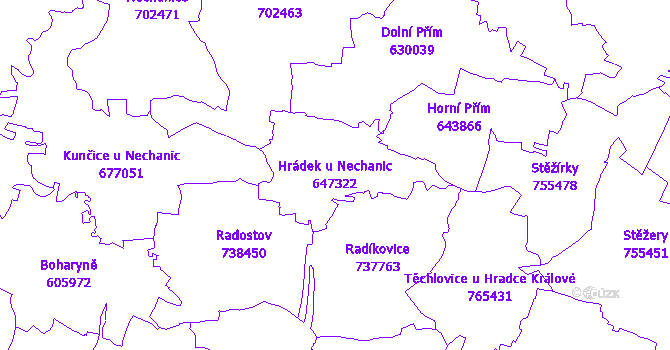 Katastrální mapa Hrádek u Nechanic - přehledová mapa katastrálního území