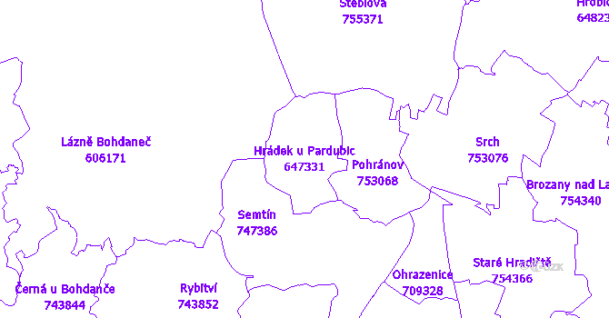 Katastrální mapa Hrádek u Pardubic - přehledová mapa katastrálního území