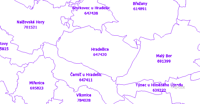 Katastrální mapa Hradešice - přehledová mapa katastrálního území