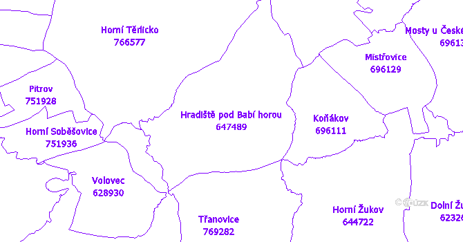 Katastrální mapa Hradiště pod Babí horou - přehledová mapa katastrálního území