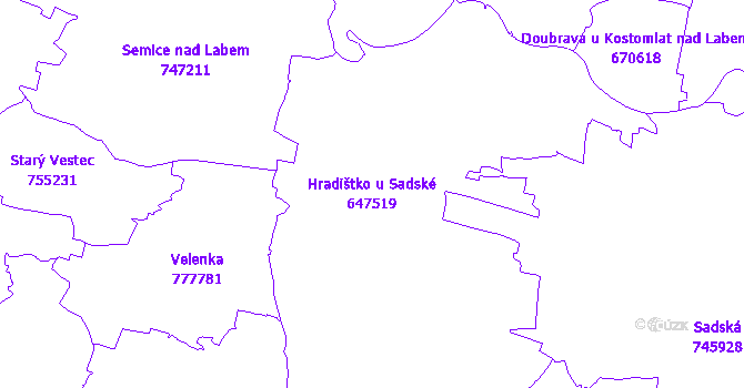 Katastrální mapa Hradištko u Sadské - přehledová mapa katastrálního území