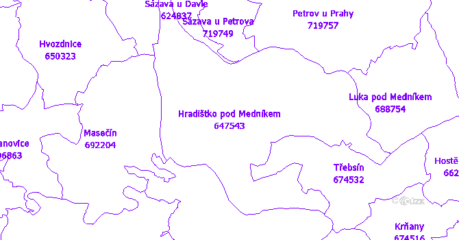 Katastrální mapa Hradištko pod Medníkem - přehledová mapa katastrálního území