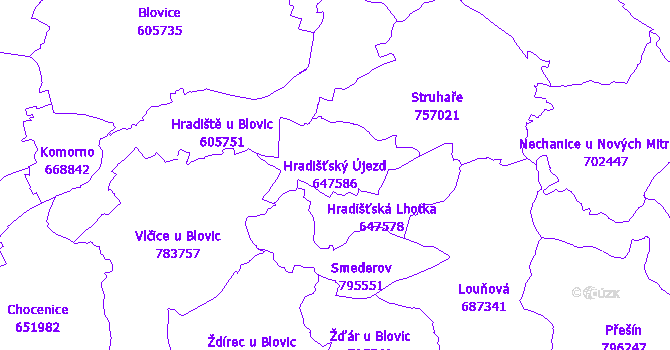 Katastrální mapa Hradišťský Újezd - přehledová mapa katastrálního území