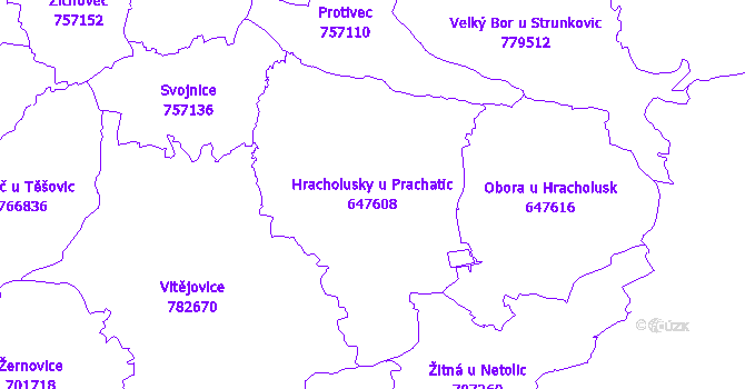 Katastrální mapa Hracholusky u Prachatic - přehledová mapa katastrálního území