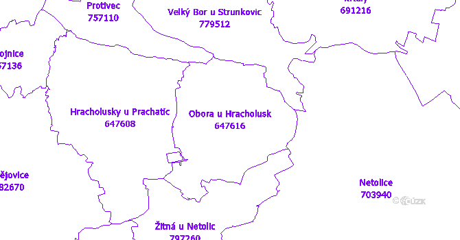 Katastrální mapa Obora u Hracholusk - přehledová mapa katastrálního území