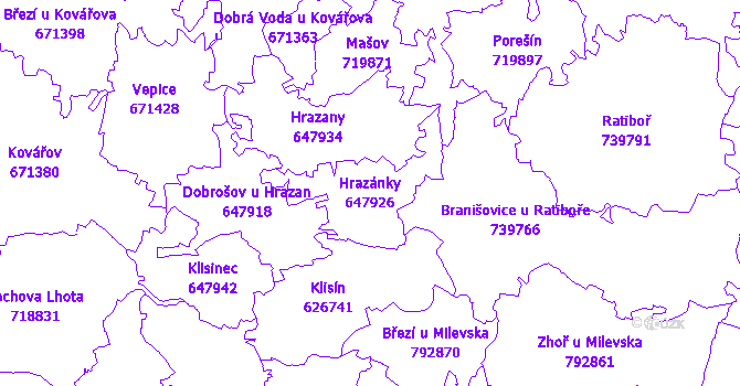 Katastrální mapa Hrazánky - přehledová mapa katastrálního území