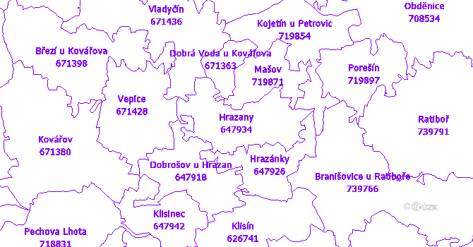 Katastrální mapa Hrazany - přehledová mapa katastrálního území