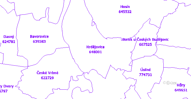 Katastrální mapa Hrdějovice - přehledová mapa katastrálního území