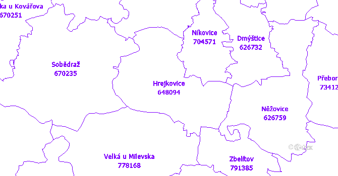 Katastrální mapa Hrejkovice - přehledová mapa katastrálního území
