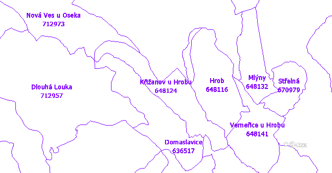Katastrální mapa Křižanov u Hrobu - přehledová mapa katastrálního území