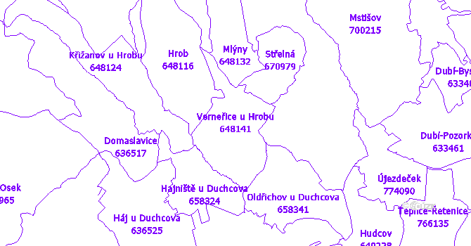 Katastrální mapa Verneřice u Hrobu - přehledová mapa katastrálního území