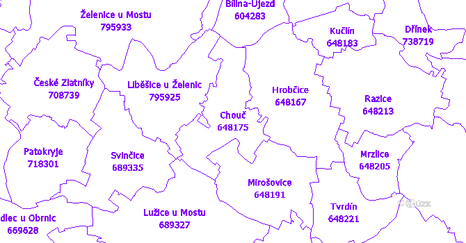 Katastrální mapa Chouč - přehledová mapa katastrálního území