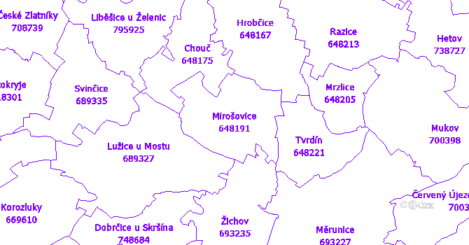 Katastrální mapa Mirošovice - přehledová mapa katastrálního území