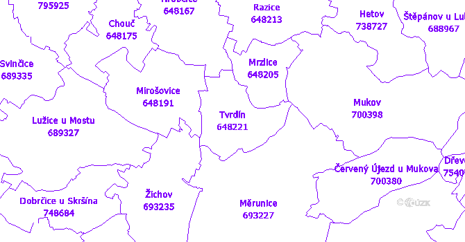 Katastrální mapa Tvrdín - přehledová mapa katastrálního území