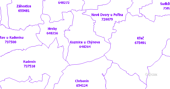 Katastrální mapa Kozmice u Chýnova - přehledová mapa katastrálního území