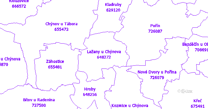 Katastrální mapa Lažany u Chýnova - přehledová mapa katastrálního území