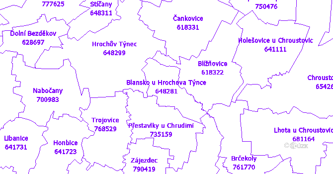 Katastrální mapa Blansko u Hrochova Týnce - přehledová mapa katastrálního území