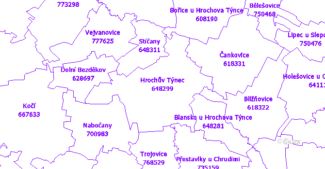Katastrální mapa Hrochův Týnec - přehledová mapa katastrálního území