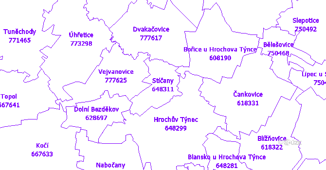 Katastrální mapa Stíčany - přehledová mapa katastrálního území