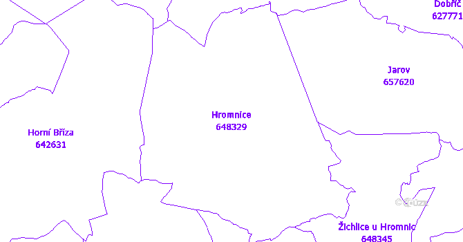 Katastrální mapa Hromnice - přehledová mapa katastrálního území