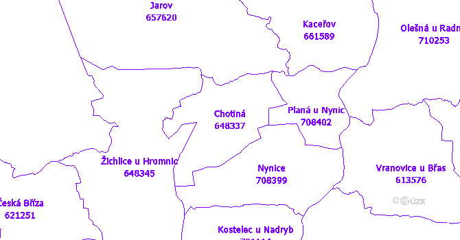 Katastrální mapa Chotiná - přehledová mapa katastrálního území