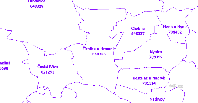 Katastrální mapa Žichlice u Hromnic - přehledová mapa katastrálního území
