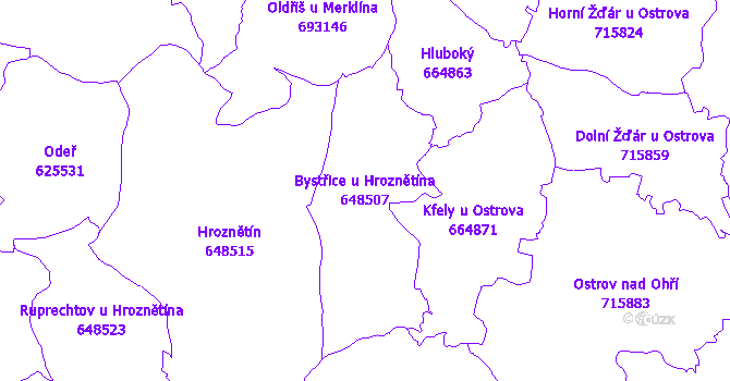 Katastrální mapa Bystřice u Hroznětína - přehledová mapa katastrálního území