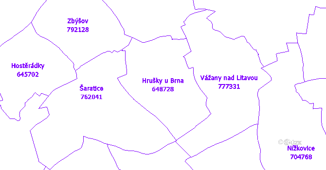 Katastrální mapa Hrušky u Brna - přehledová mapa katastrálního území