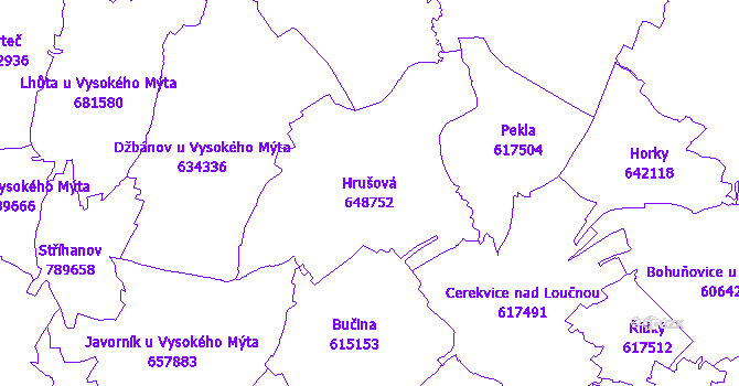 Katastrální mapa Hrušová - přehledová mapa katastrálního území