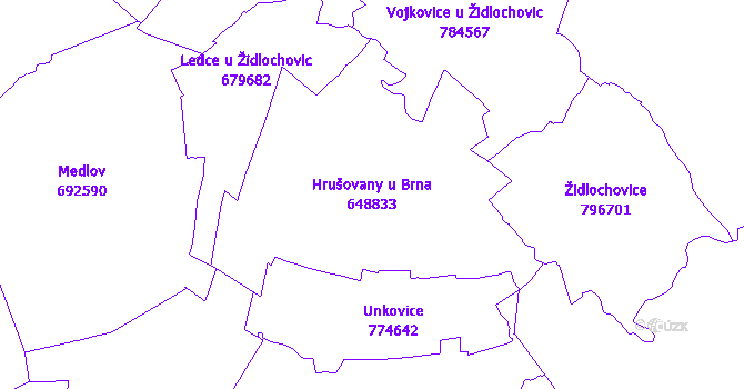 Katastrální mapa Hrušovany u Brna - přehledová mapa katastrálního území