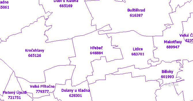 Katastrální mapa Hřebeč - přehledová mapa katastrálního území