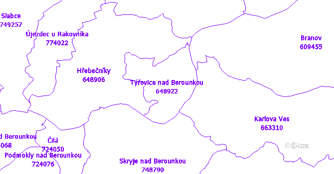 Katastrální mapa Týřovice nad Berounkou - přehledová mapa katastrálního území